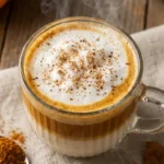 The Perfect Pumpkin Coconut Milk Latte 7 Pumpkin Coconut Milk Latte in a clear glass mug with layered milk and espresso, topped with foam and pumpkin spice, steaming on rustic wooden table with autumn leaves