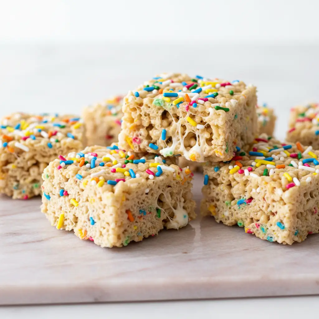 Classic Rice Krispie treats made with crispy rice cereal and melted marshmallows.