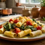 Rigatoni pasta tossed with sautéed Swiss chard, blistered cherry tomatoes, olive oil, and crispy breadcrumbs on a rustic plate.