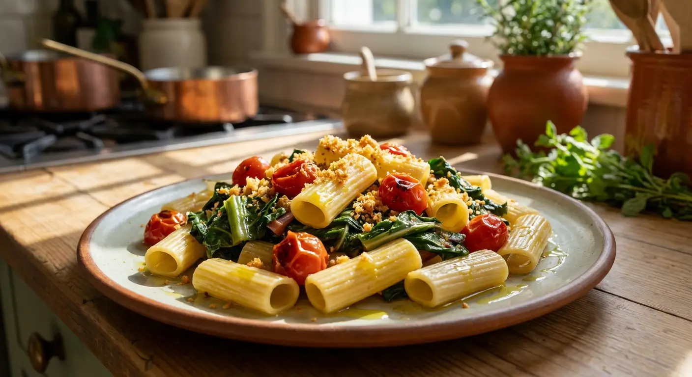 Rigatoni pasta tossed with sautéed Swiss chard, blistered cherry tomatoes, olive oil, and crispy breadcrumbs on a rustic plate.