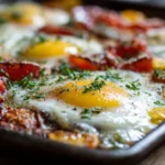Sheet pan eggs baked with vegetables and cheese, sliced into squares for serving.