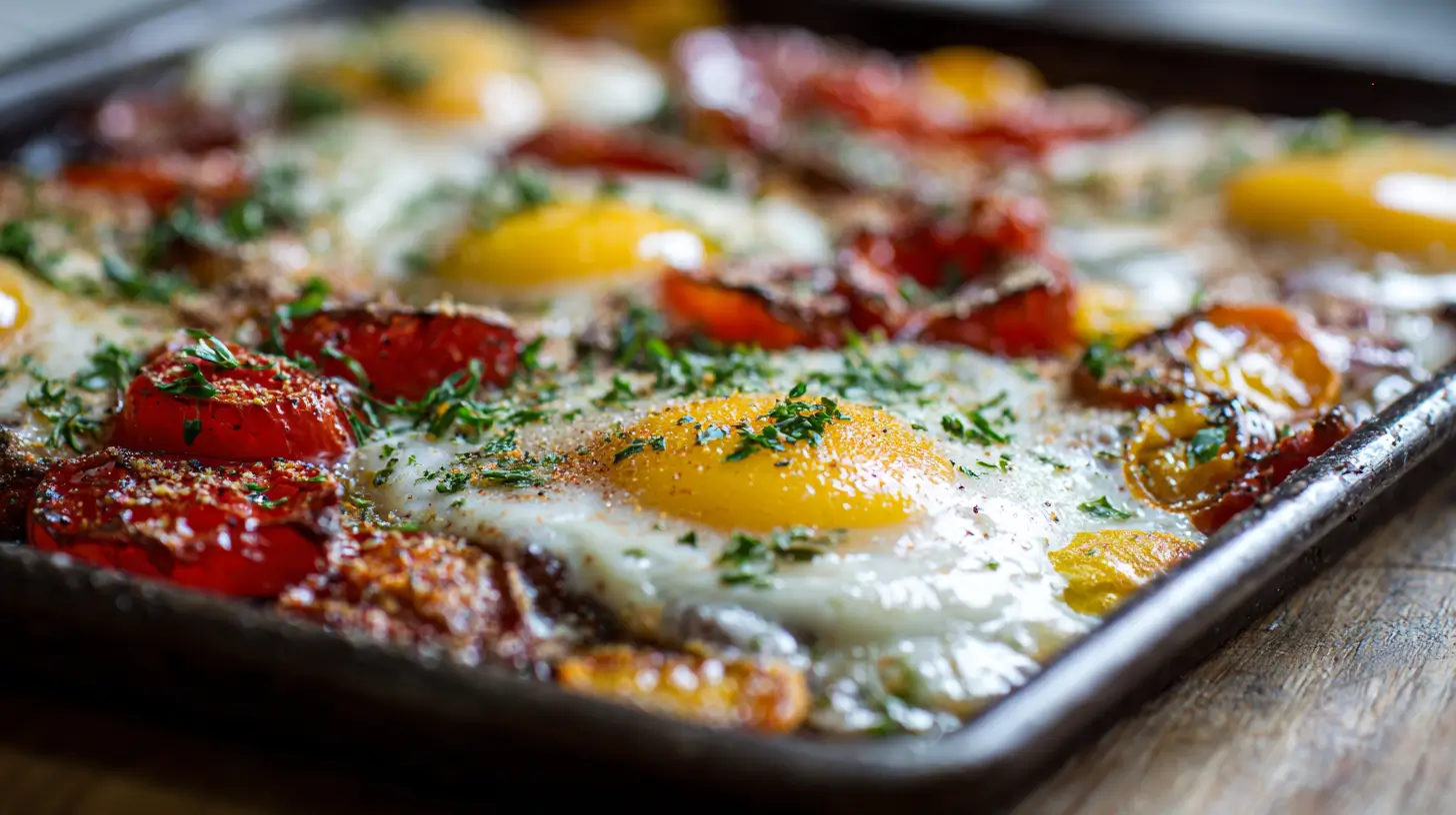 Sheet pan eggs baked with vegetables and cheese, sliced into squares for serving.