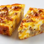 Sausage and egg casserole baked with cheese and golden edges in a casserole dish.