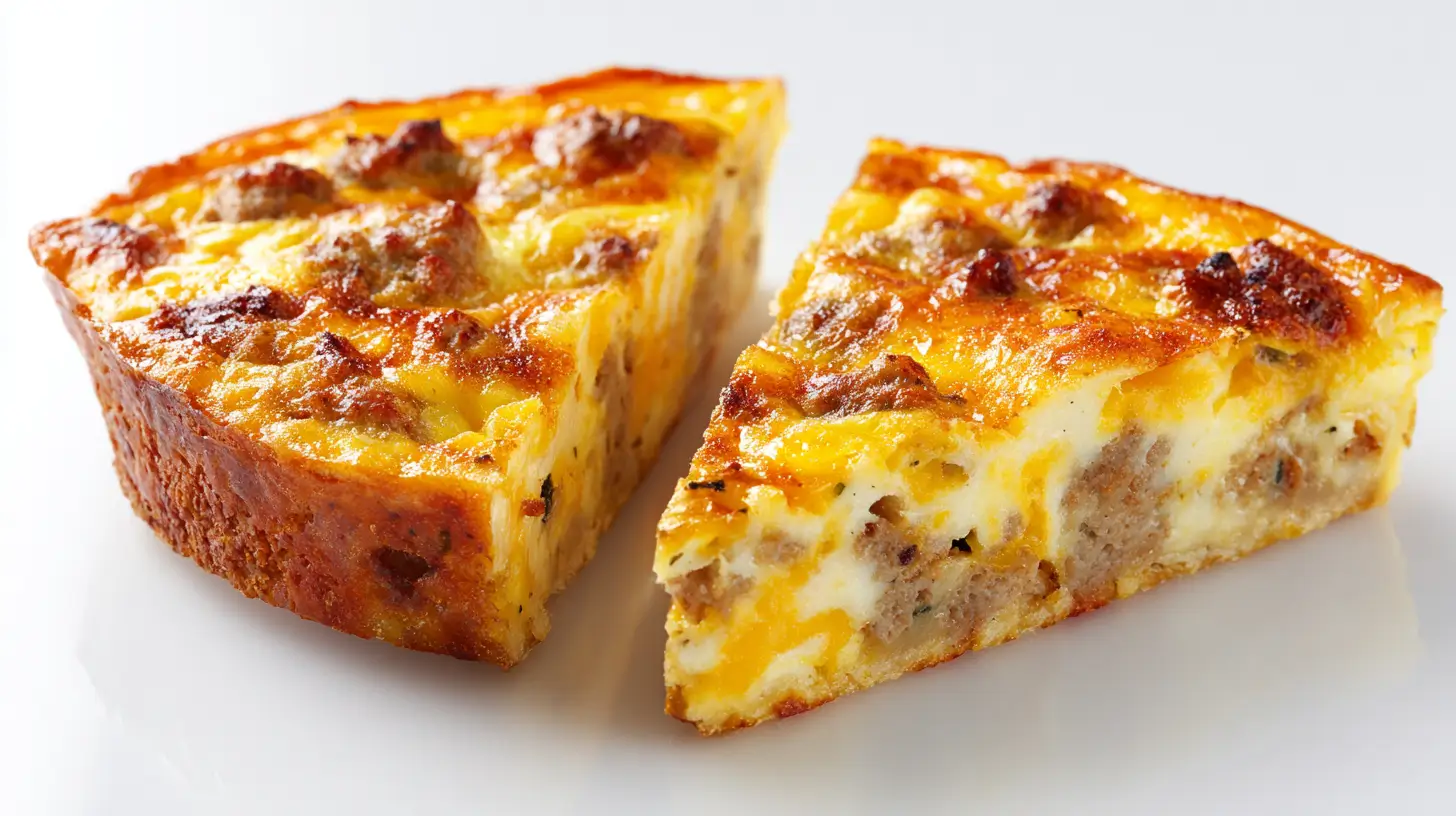 Sausage and egg casserole baked with cheese and golden edges in a casserole dish.
