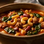 A rustic bowl of sausage and spinach pasta with elbow macaroni, red beans, and crumbled sausage in a rich tomato-based sauce.