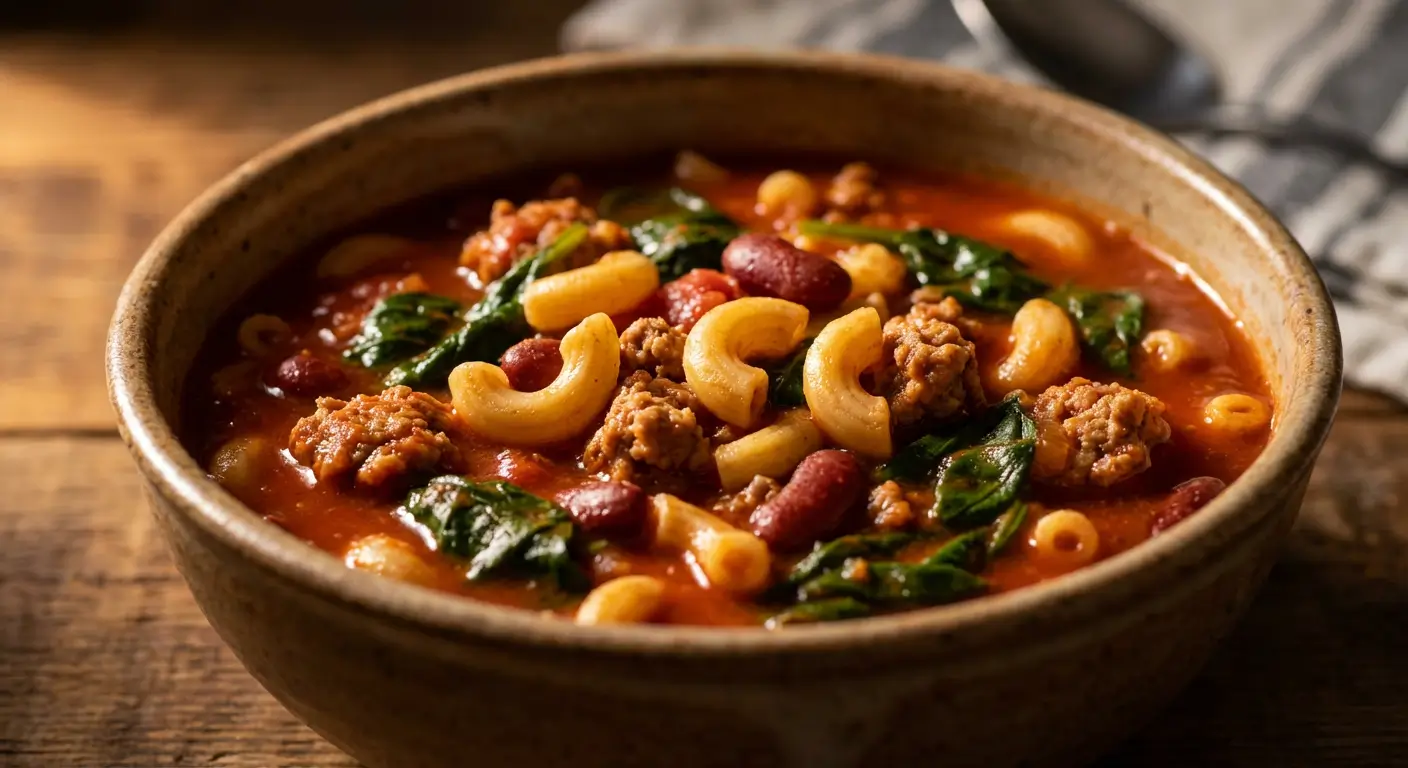 A rustic bowl of sausage and spinach pasta with elbow macaroni, red beans, and crumbled sausage in a rich tomato-based sauce.