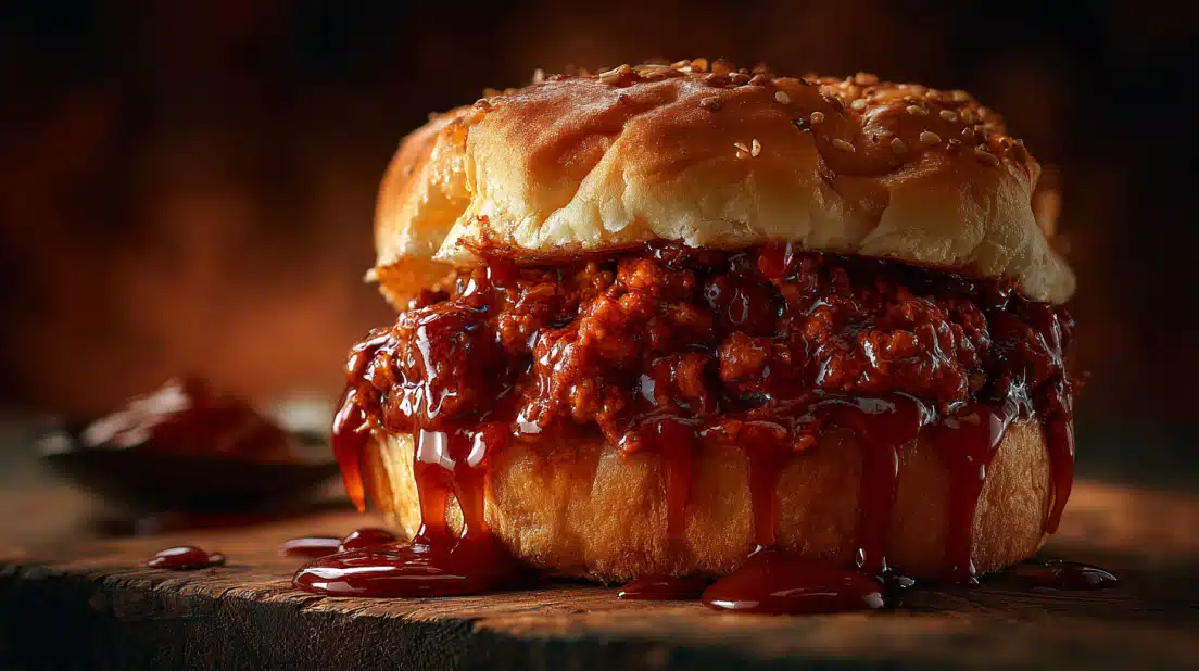 Classic sloppy joes sandwich with seasoned ground beef in rich sauce on a soft bun.