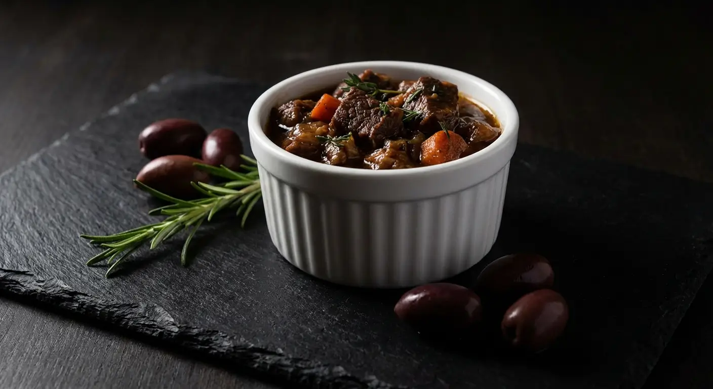 Slow-cooked pork stew served in a white ramekin with tender pork chunks, carrots, herbs, and olives on a dark slate board.