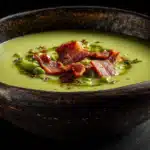 Hearty split pea soup with tender peas, vegetables, and a thick, creamy texture.