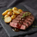 Garlic Butter Steak and Potatoes Skillet: A Family Favorite 7 Steak and Potatoes on black slate with sliced medium-rare beef steak topped with red wine sauce, served with roasted baby potatoes, fresh thyme, and sea salt
