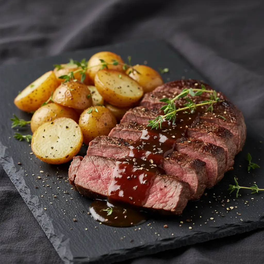 Steak and Potatoes on black slate with sliced medium-rare beef steak topped with red wine sauce, served with roasted baby potatoes, fresh thyme, and sea salt