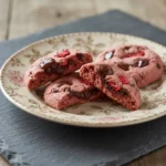 Strawberry chocolate chip cookies with soft centers, pink dough, and melty chocolate chips.