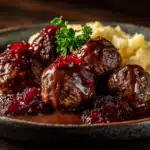Swedish meatballs made with frozen meatballs simmered in creamy gravy.