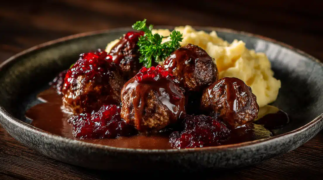 Swedish meatballs made with frozen meatballs simmered in creamy gravy.
