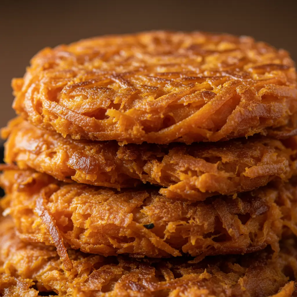 Crispy sweet potato hash browns cooked until golden and shredded