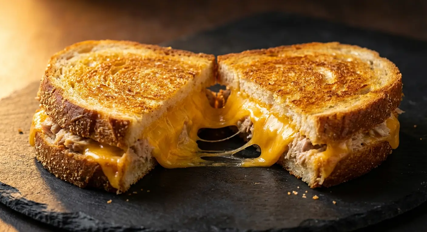 Tuna melt sandwich cut in half on black slate board showing golden-brown toasted bread with melted cheddar cheese stretching between halves and tuna salad filling