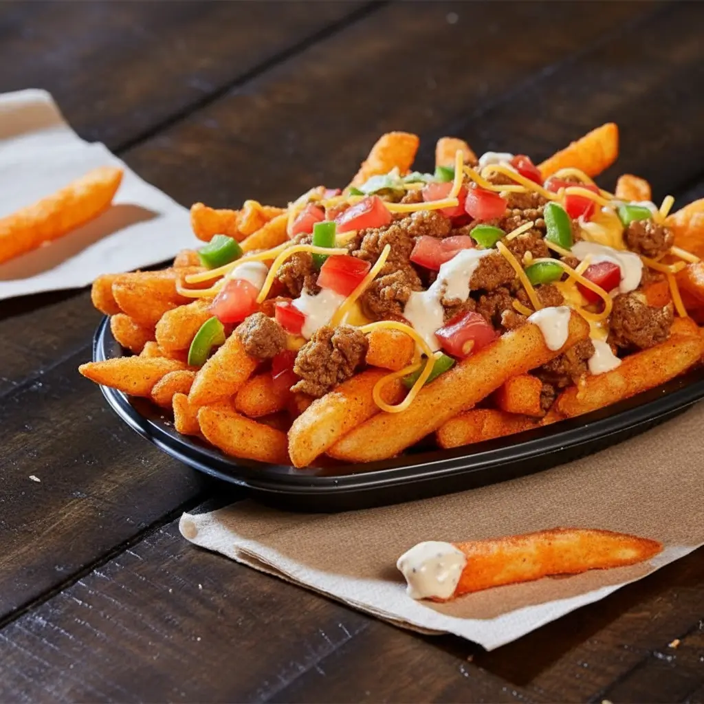 Crispy Taco Bell–style nacho fries seasoned with spices and served with warm cheese sauce.