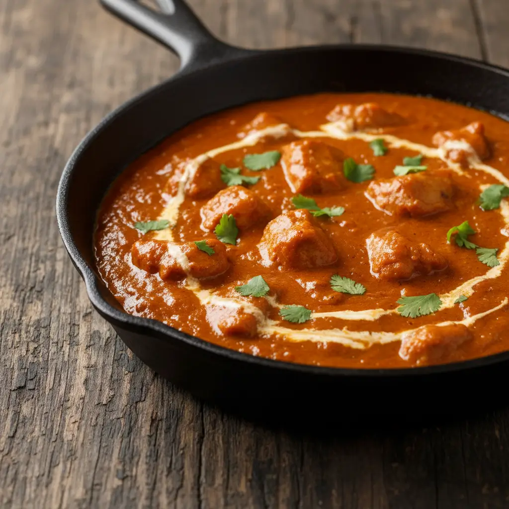 Texas Roadhouse Butter Chicken Skillet in cast iron pan with tender chicken pieces in rich orange tomato-cream sauce, drizzled with cream and garnished with fresh cilantro on rustic wooden table
