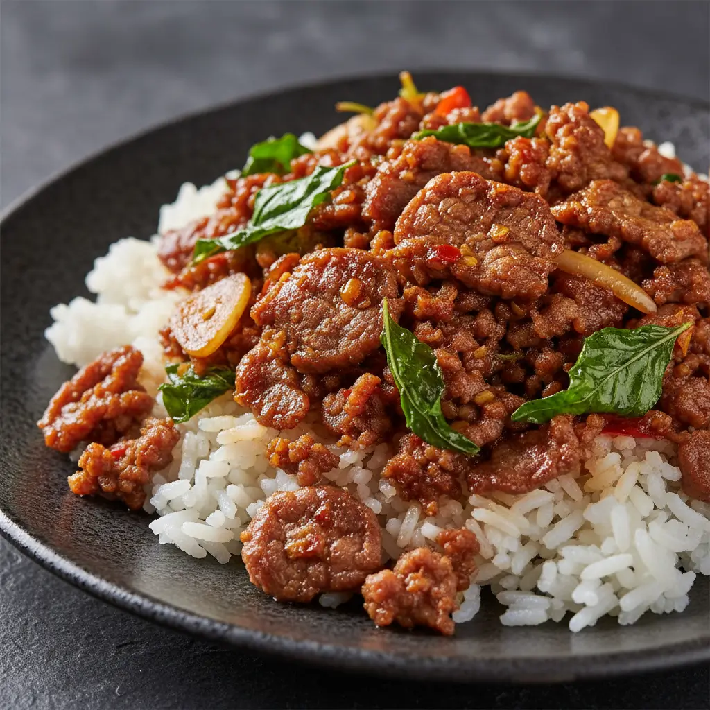 Thai basil beef stir-fry made with ground beef, fresh basil, and savory sauce