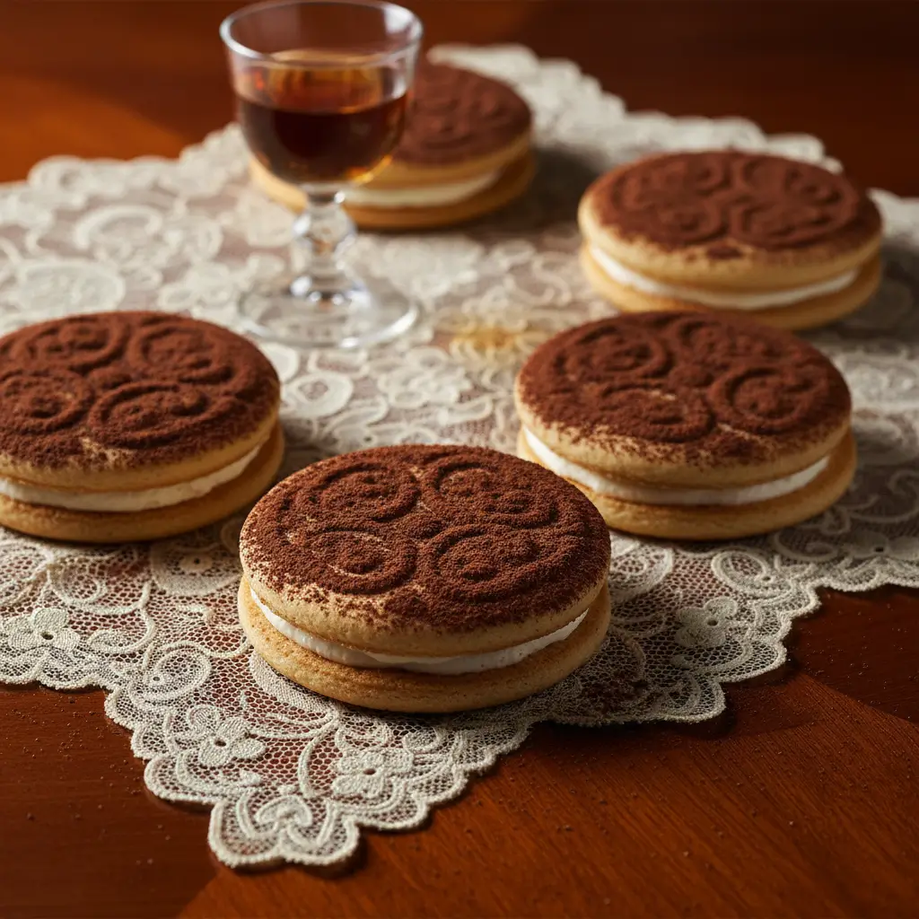 Tiramisu cookies dusted with cocoa powder and filled with creamy mascarpone flavor