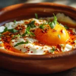 Turkish eggs with poached eggs, creamy yogurt, garlic, and spiced butter sauce.