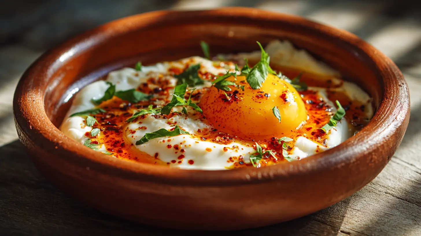 Turkish eggs with poached eggs, creamy yogurt, garlic, and spiced butter sauce.