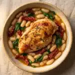 Tuscan Chicken and Beans: A Delicious One-Pot Meal! 7 Tuscan Chicken and Beans in rustic ceramic bowl with golden-seared chicken breast, white cannellini beans, wilted spinach, sun-dried tomatoes, and fresh rosemary on linen cloth
