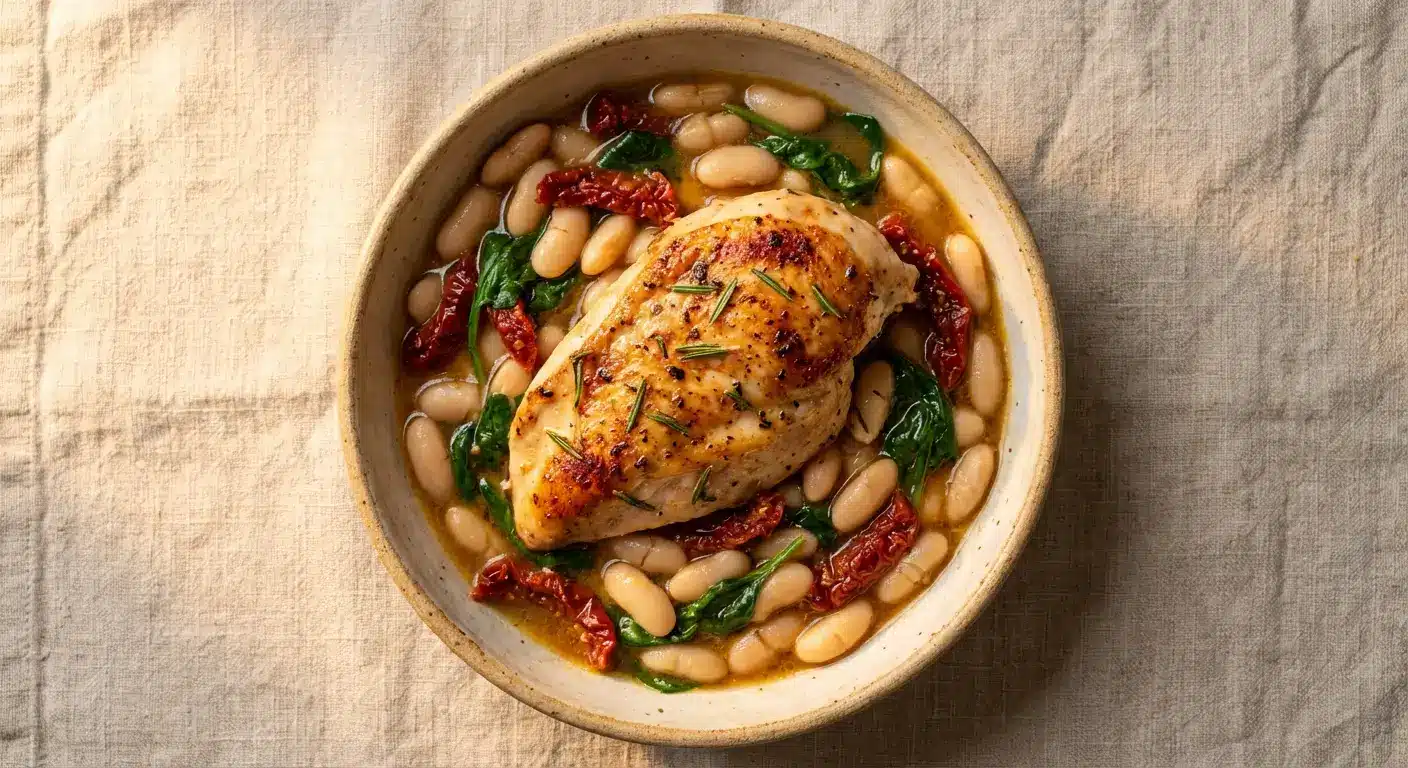 Tuscan Chicken and Beans: A Delicious One-Pot Meal! 4 Tuscan Chicken and Beans in rustic ceramic bowl with golden-seared chicken breast, white cannellini beans, wilted spinach, sun-dried tomatoes, and fresh rosemary on linen cloth