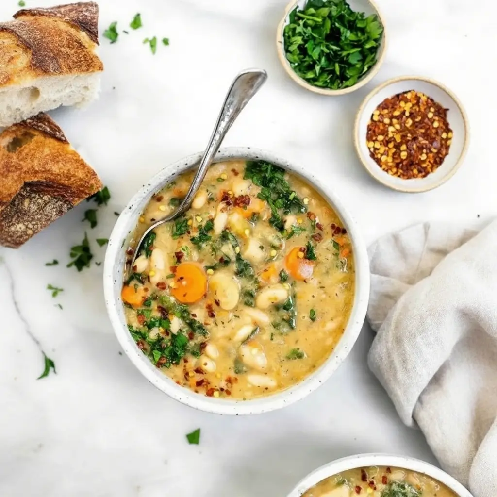 Tuscan White Bean Soup in a white bowl with white beans, carrots, kale, and red pepper flakes, served with crusty bread and fresh parsley