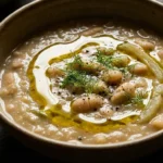 White Bean Fennel Soup in rustic ceramic bowl with creamy pureed white beans, olive oil drizzle, fresh dill garnish, and black pepper on dark wooden table