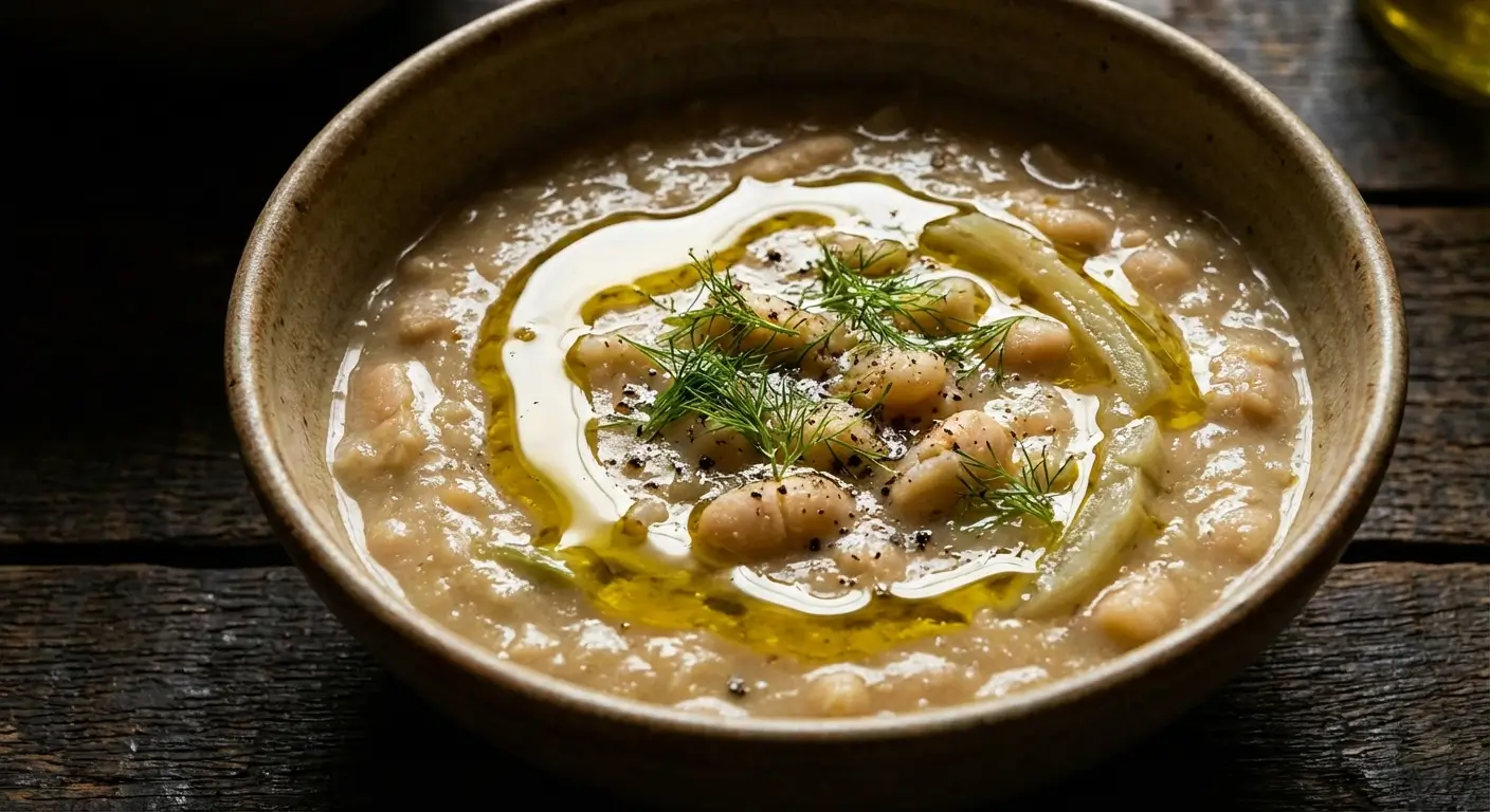 White Bean Fennel Soup in rustic ceramic bowl with creamy pureed white beans, olive oil drizzle, fresh dill garnish, and black pepper on dark wooden table