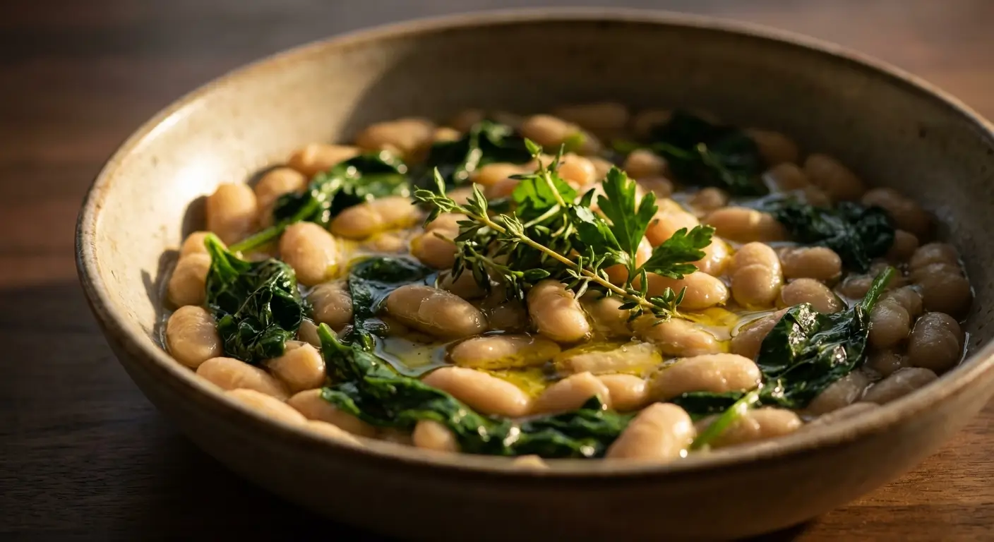 A rustic bowl of white beans and wilted spinach drizzled with olive oil and garnished with fresh herbs.