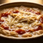 Creamy white chili with shredded chicken, white beans, melted cheese, and spicy red chili sauce in a rustic bowl.
