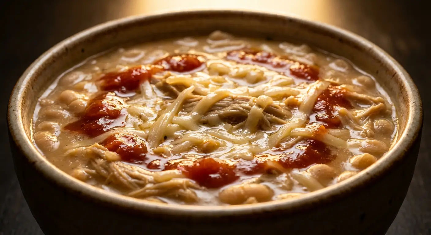 Creamy white chili with shredded chicken, white beans, melted cheese, and spicy red chili sauce in a rustic bowl.