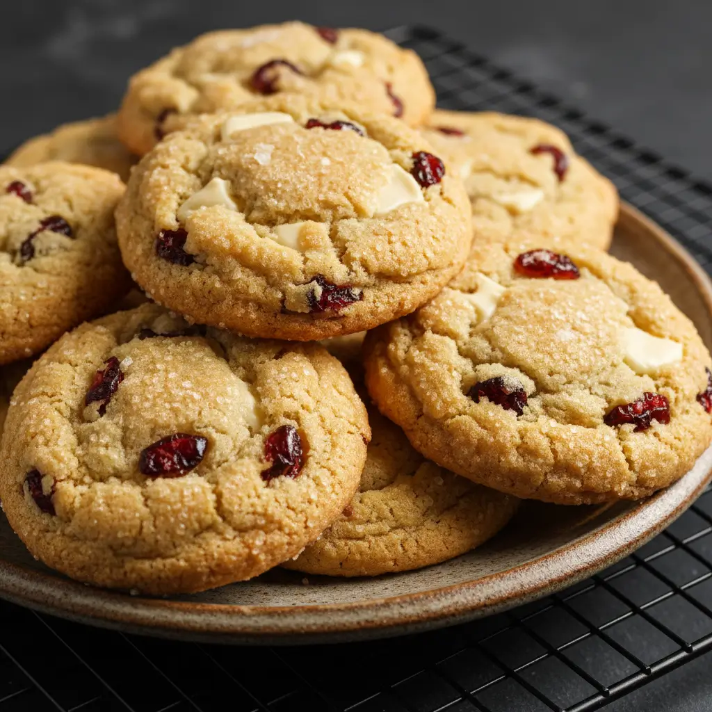 White Chocolate Cranberry Cookies stacked on a ceramic plate with cooling rack, showing golden edges, white chocolate chunks, and dried cranberries
