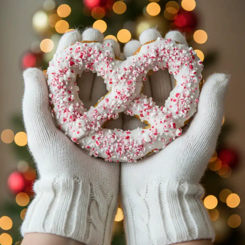 White chocolate peppermint pretzels drizzled with white chocolate and sprinkled with crushed candy canes.