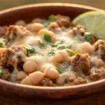 White Turkey Chili in rustic wooden bowl with ground turkey, white beans, creamy broth, fresh cilantro, and lime wedge garnish