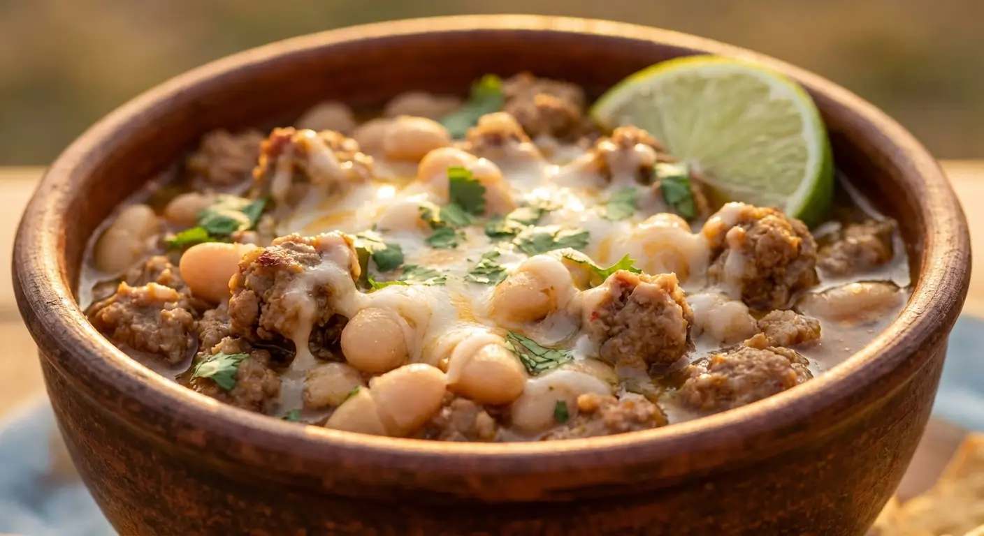 White Turkey Chili in rustic wooden bowl with ground turkey, white beans, creamy broth, fresh cilantro, and lime wedge garnish