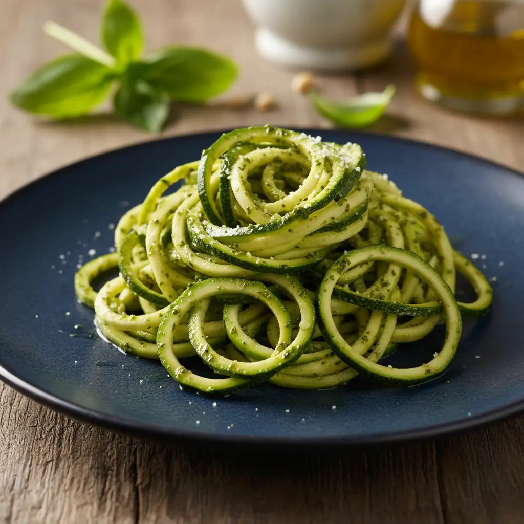 Fresh zucchini noodles tossed with olive oil, herbs, and light seasoning in a bowl.