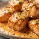 Bang Bang Salmon Recipe: Your New Favorite Weeknight Meal! 7 Bang bang salmon bites on beige ceramic plate with golden-brown seared edges, coated in creamy orange bang bang sauce, garnished with fresh parsley and red pepper flakes