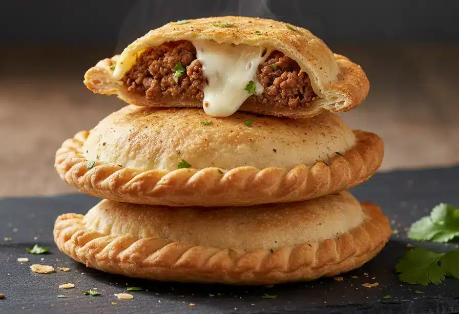 Perfect Beef and Cheese Empanadas Recipe for Busy Families! 4 Stack of golden-brown beef and cheese empanadas, with the top one cut open to show melted cheese and seasoned ground beef filling.