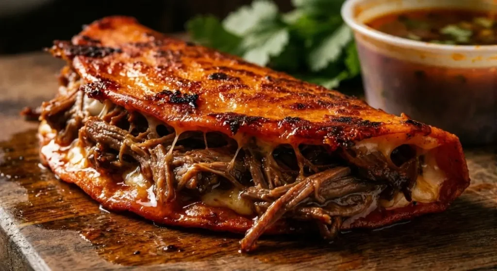 Birria tacos with caramelized cheese crust filled with tender shredded beef, served on a wooden board with consommé dipping broth and fresh cilantro