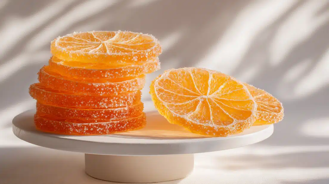 Candied orange slices coated in sugar with a glossy, translucent finish.