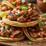 Grilled chicken street tacos topped with pico de gallo, sliced jalapeños, and fresh cilantro on corn tortillas.