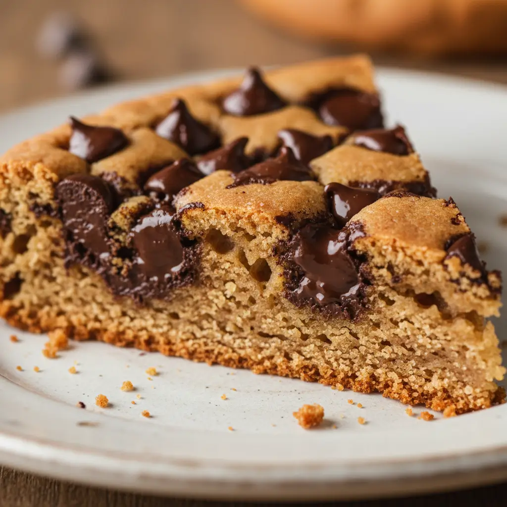 A slice of soft, golden cookie cake studded with melted chocolate chips on a white plate.