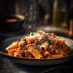 Ground chicken pasta with pasta and savory seasoned sauce.