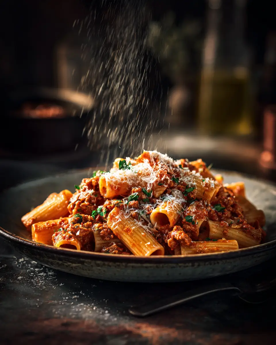 Ground chicken pasta with pasta and savory seasoned sauce.