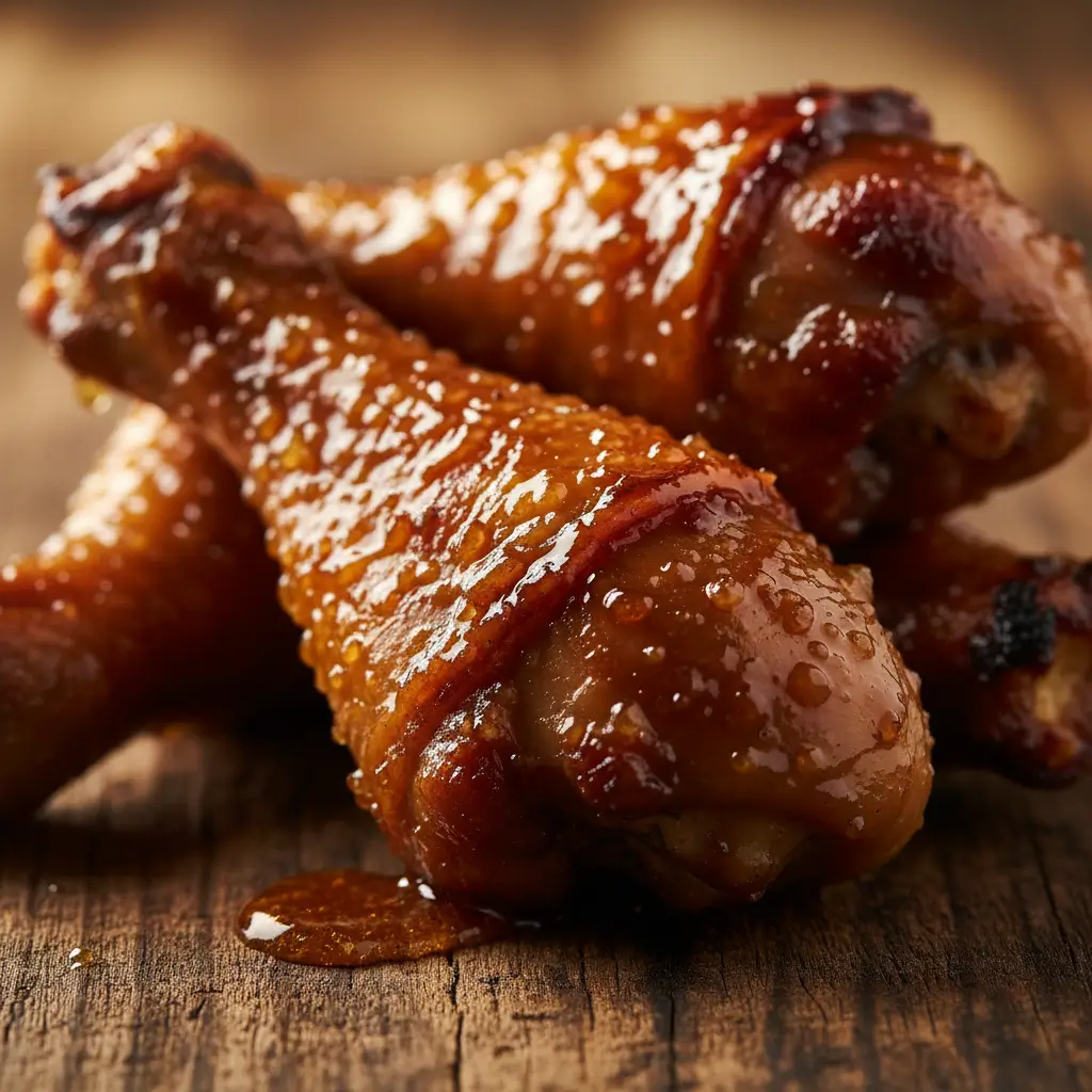Honey glazed chicken drumsticks on rustic wooden board with caramelized sticky glaze glistening under light, showing crispy golden-brown skin