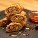 Pork egg rolls stacked on black slate board showing crispy golden wrappers cut open to reveal ground pork, cabbage, and carrots filling, with sweet chili sauce