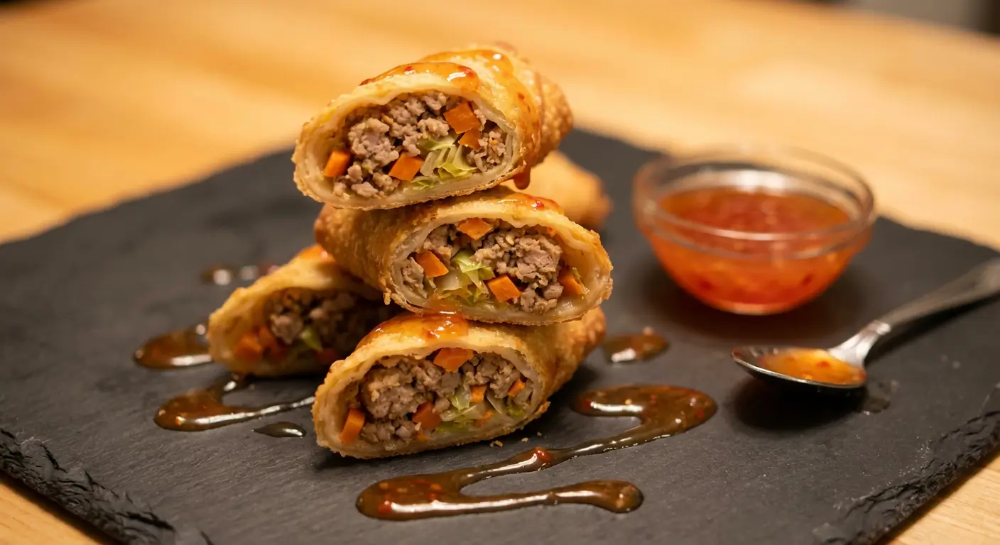 Pork egg rolls stacked on black slate board showing crispy golden wrappers cut open to reveal ground pork, cabbage, and carrots filling, with sweet chili sauce